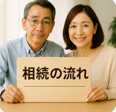 相続の流れ」と中央に書かれた文字と、机上の書類に向き合う人物の実写風画像