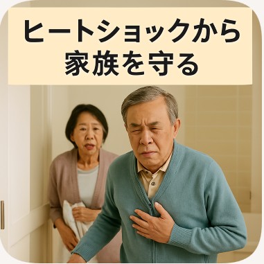 ヒートショックに苦しむ高齢者と心配する家族の様子。温度差対策の重要性を伝える実写風画像。