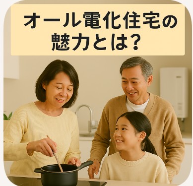 オール電化住宅をイメージした実写風アイキャッチ画像。IHキッチンで料理をする母親と、父親・娘が笑顔で過ごす様子。明るいリビングと電化設備が、安心で快適な暮らしを表現している。