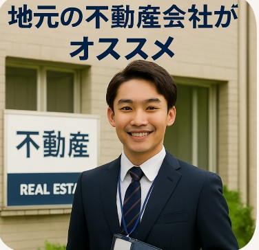 七三分けでメガネをかけた若い男性営業マンが、不動産会社の前で笑顔を見せている正方形写真。画像上部に「地元の不動産会社がオススメ」という文字。
