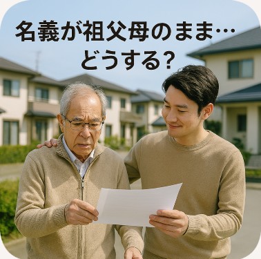 倉敷市の住宅街で、若い男性が書類を持って困っている祖父を支えている実写風アイキャッチ画像。左上に「名義が祖父母のまま…どうする？」の文字。